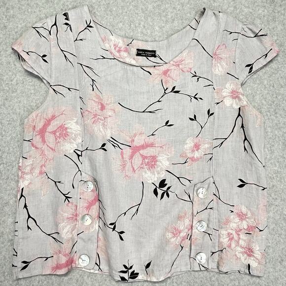 Luca Vanucci 100% Linen Top Women L 42" Bust Gray Floral Round Neck Blouse Italy - Picture 15 of 15